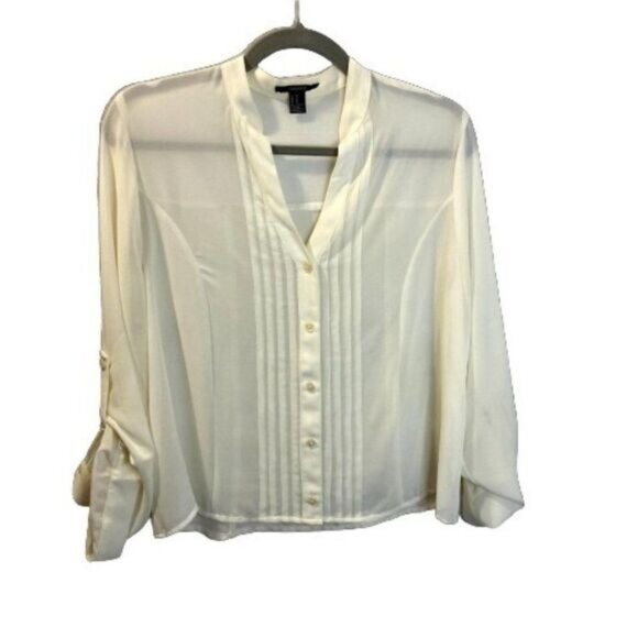 Forever‎ 21 Sheer Women Button Down Pleated Long Sleeve Blouse Roll Up Cuff - Picture 1 of 5